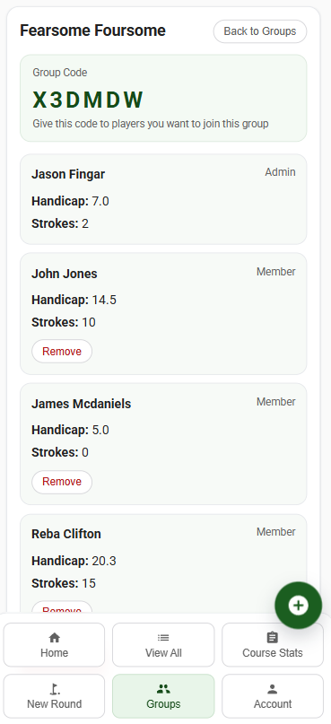 Groups screen showing player handicaps and group standings