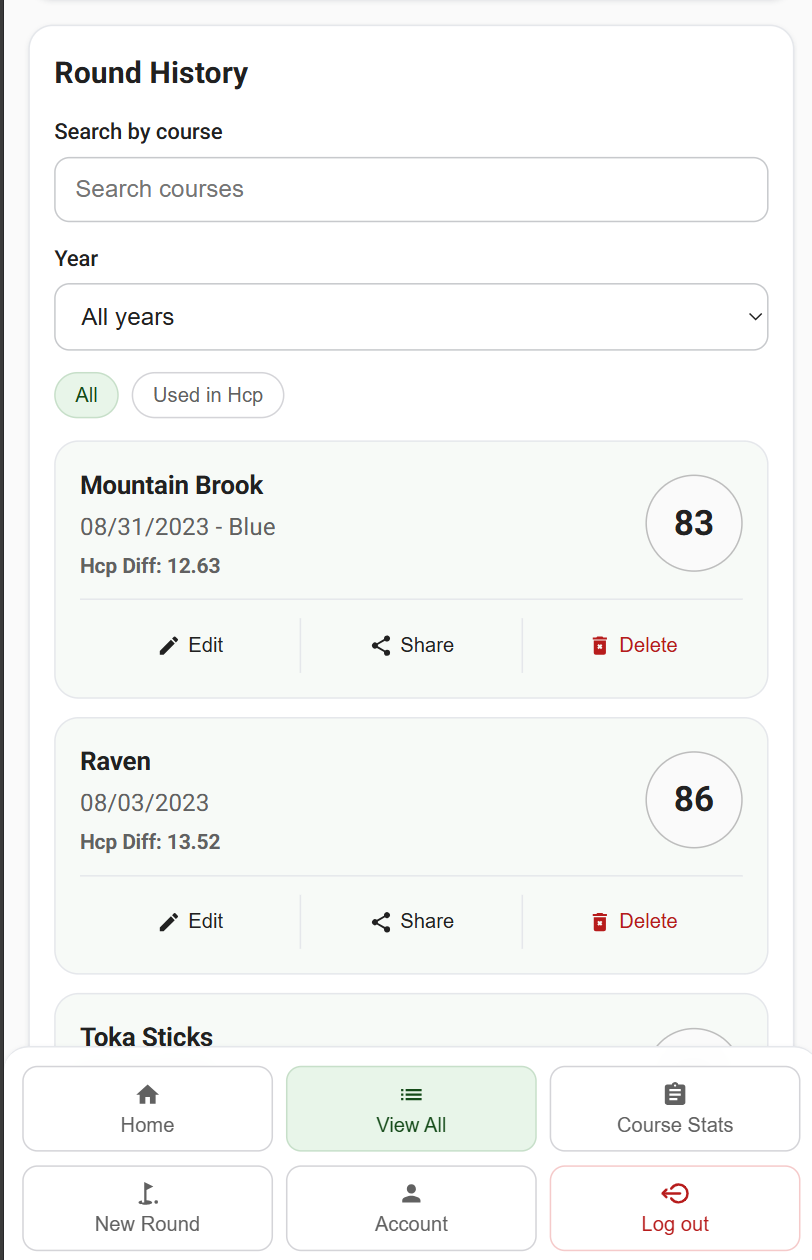 Scores list showing past golf rounds and filters